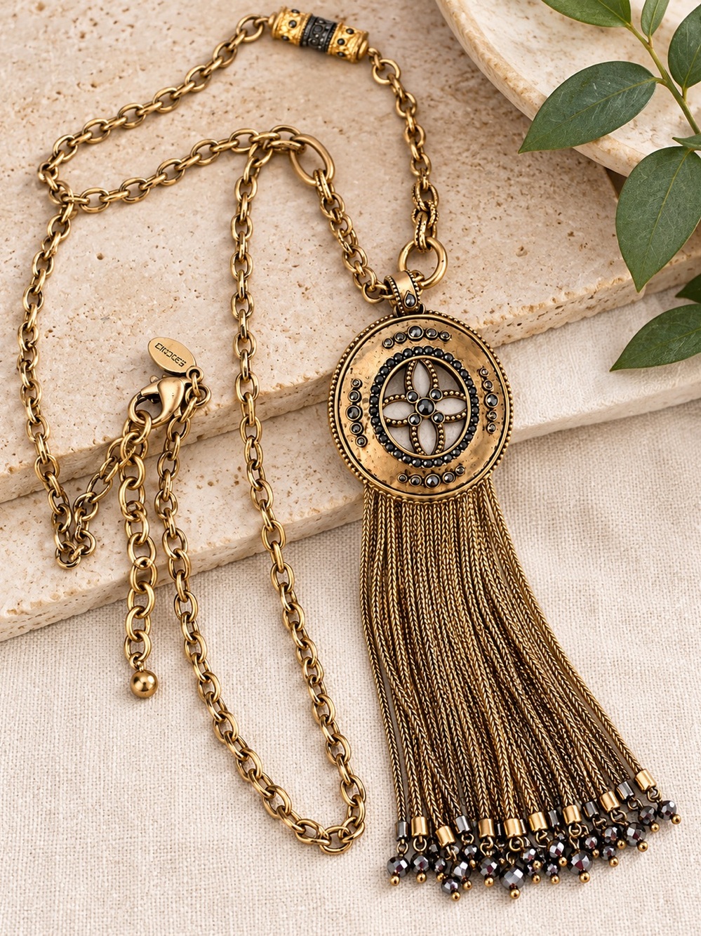 Chico’s Antiqued Gold Medallion Tassel Necklace 36” Statement Boho Rhinestone